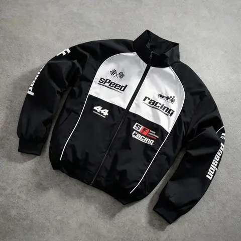 Men’s Retro Motorsport Racing Graphic Print Stand Collar Zip-Up Jacket - Colour Block Loose-Fit Streetwear Outerwear with Elastic Ribbed Cuffs, Side Zip Pockets for Spring & Autumn Daily Street Outfits, Zip Pocket