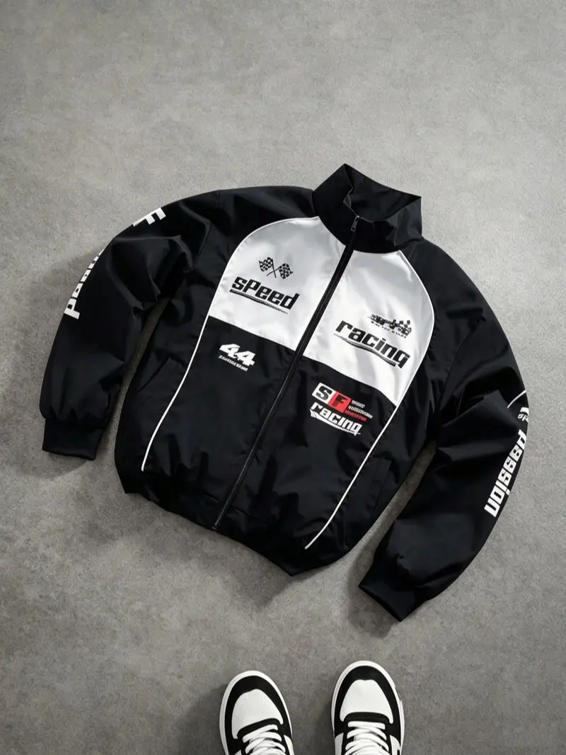Men’s retro racing jacket with color-block print, stand collar, windproof design, Y2K street style; loose biker sports outerwear for spring and autumn everyday wear, lightweight zip-up jacket suitable for daily commuting and hip-hop streetwear.
