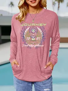 Women's Spring & Fall Rock Heritage Journey Print Pullover Sweatshirt, Loose-Fit Long Sleeve Round Neck Top, Casual Daily Wear