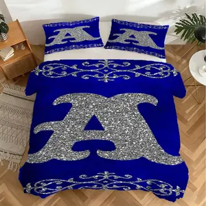 Silver Letter A~M Duvet Cover Set, 2/3Pcs Blue Bedding Set, Soft Microfiber Fabric, All Season Use, for Bedroom, Guest Room, Dorm, Great for Personalized Gifts, Home Decor Lovers. Includes 1 or 2 Pillowcase - No Filling/Zipper Closure