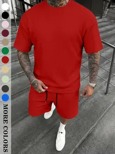 Summer Men's Textured Pleated Casual Athletic Sportswear Two-Piece Set, Loose-Fitting Plain Suit, No Button Collar Zipper, Comfortable Daily Wear, Athleisure Tracksuit