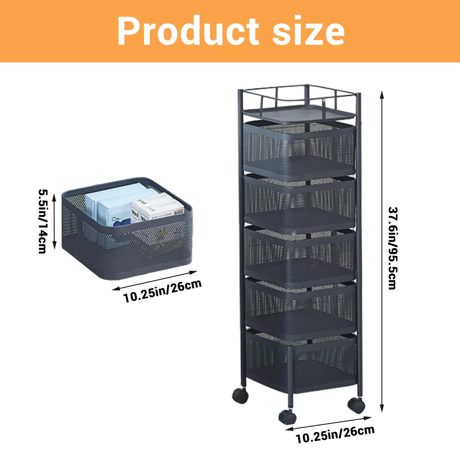 Space-Saving 5-Tier Metal Rolling Kitchen Organizer Rack – Rotating Mesh Baskets – Mobile Fruit & Vegetable Storage Cart – Easy-Access Pantry Shelf on Wheels – Multipurpose for Kitchen, Bathroom, Bedroom, Laundry