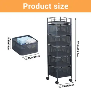 Space-Saving 5-Tier Metal Rolling Kitchen Organizer Rack – Rotating Mesh Baskets – Mobile Fruit & Vegetable Storage Cart – Easy-Access Pantry Shelf on Wheels – Multipurpose for Kitchen, Bathroom, Bedroom, Laundry