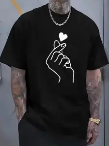 Minimalist Love Symbol Tee for Everyday - Subtle Hand & Heart Design in Classic White or Black,Suitable for both men and women. Regular length T-shirt. Suitable for daily outings and gatherings. Simple style.