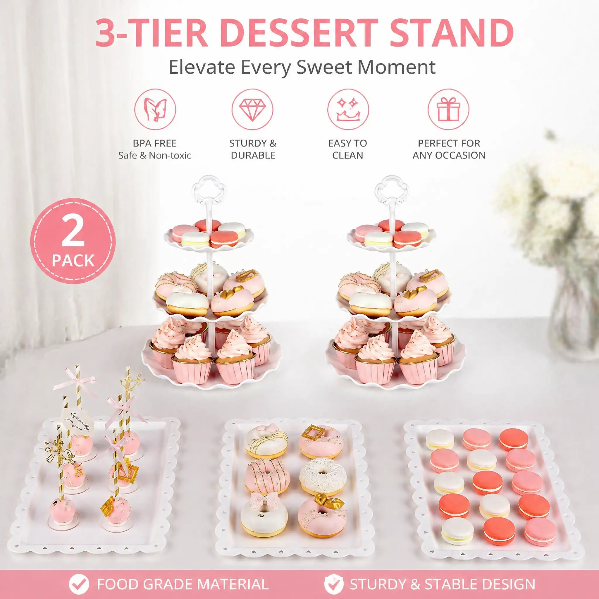 5-Pc White Plastic Dessert Table Display Set - Sturdy Home & Festive Supplies with 2-Tier Stackable Cupcake Stand, 3 Rectangle Wave Trays, Decor-Friendly, Reusable, Tea Party Ready, Metal Frame Adds Strength and Polish