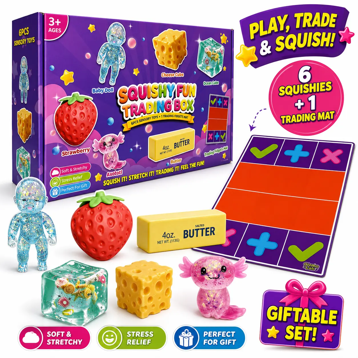 Squishy Fun Trading Box - 6Pcs Sensory Stress Relief Toys with 1 Trading Fidget Mat, Soft Stretchy Fidgets, Ideal Gift for Teens