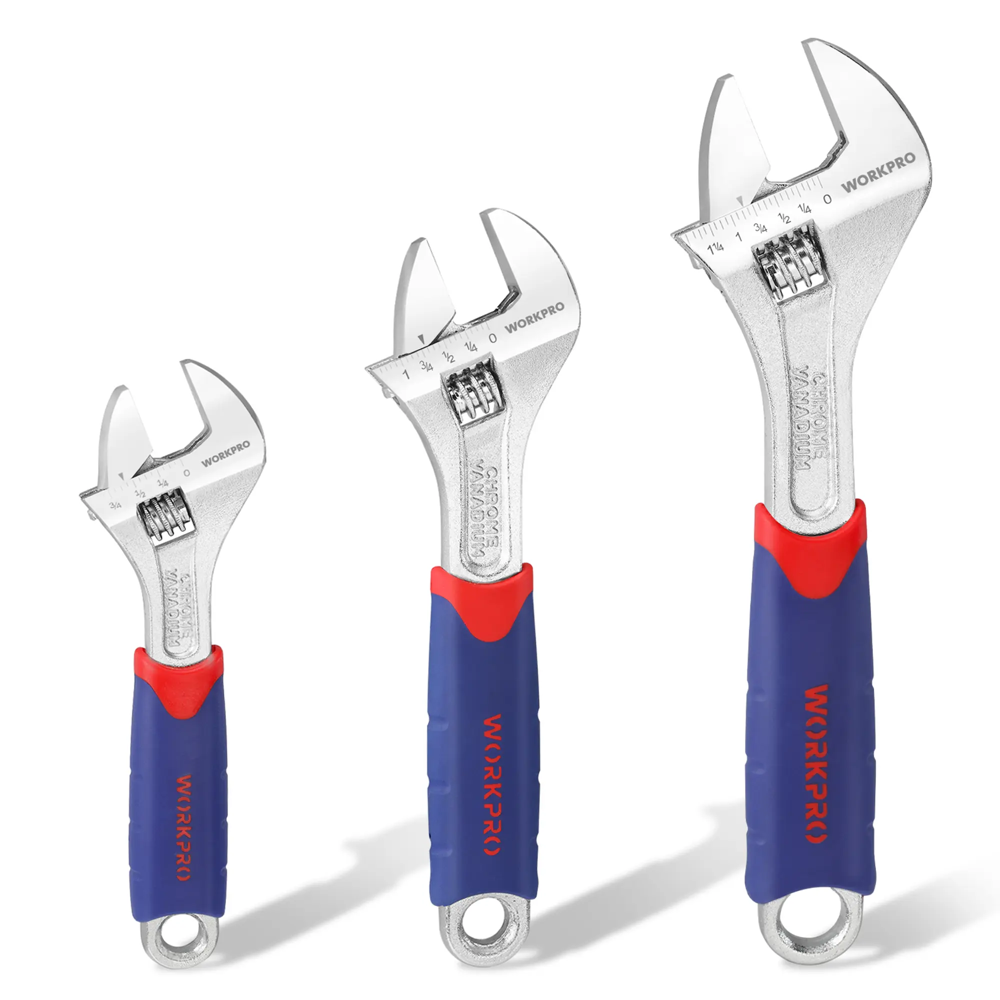 #backtoschool WORKPRO 3-piece Adjustable Wrench Set CR-V with Rubberized Anti-Slip Grips 10-inch, 8-inch, 6-inch
