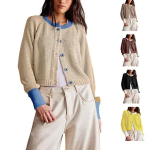 UANEO Women's Color Block Cardigan Sweaters Button-Up Long Sleeve Cropped Knited Jacket Casual Round Neck Trendy Tops