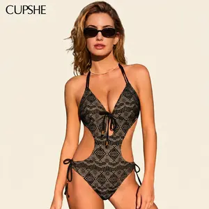 CUPSHE Beach Club Socialite Diamond Neckline Monokini Swimsuit One-piece Swimwear | 2026 Back-Tie Waist-Snatching One Piece for Beach Party Bathing suit Mid Leg Cut #SummerVibes