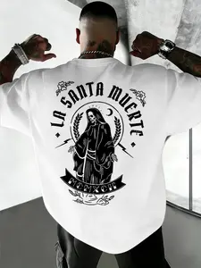 Men's Dark Death Graphics Short Sleeve T-Shirt, Ultra-Size Skull Gothic Font Wheat Ear Lightning Totem, Street Style Long Fit Streetwear