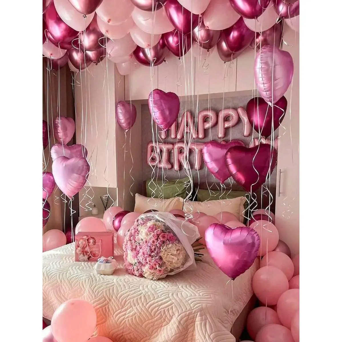 49-Piece Pink Colored Festive Balloon Set - 16-Inch Heart-Shaped Metallic Latex, Birthday Graphic Options for Balloon Arch Backdrop, Home & Party Supplies, Colored Balloon Balloons