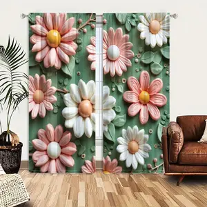 2pcs Window Curtains, A textured green background adorned with numerous 3D pastel pink and white flowers, resembling a crafted artwork or confectionery.Window Drapes for Bedroom Living Room, Rod Pocket Window Treatment, Home Decoration Curtain