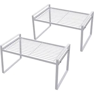 2-Pack Stackable Kitchen Cabinet Organizer Rack - Steel Frame, Rust Resistant, Non-Slip Design for Pantry, Bathroom, Bedroom, and Office Space Saving Solutions in White Shantton Metal Shelf Gift Fruits Decoration