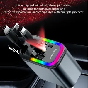 Starlight-retractable car charger, 5 in 1 car accessories,Bluetooth adapter,Bluetooth charger, max.180W, with Starlight, Retractable fast charger for car with , 2USB ports for phones/tablets/car recorders, 31.5 inch