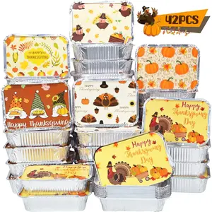 42Pcs Thanksgiving Tin Foil Containers with Cardboard Lids, Aluminum Disposable Food Storage Pans Reusable Baking Takeout Foil Containers Pans Autumn Harvest Day Treat Party