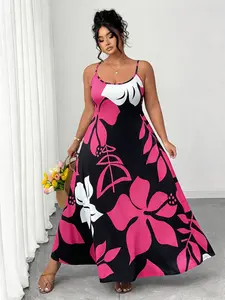 Elegant Plus Size Women's Long Printed Knit Casual Dress, Spaghetti Strap, Ditsy Floral Pattern, Fitted Style, Spring & Fall Fashion