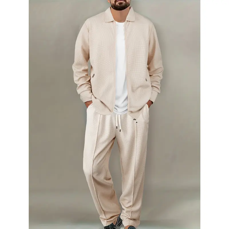 Men's 2-Piece Solid Color Waffle Pattern Casual Set: Long Sleeve Zipper Cardigan with Turn-Down Collar and Solid Color Drawstring Pants, Unique and Comfortable Casual Set Suitable for Men's Daily Wear, Vacation Outfits, Spring and Autumn Men's Clothing