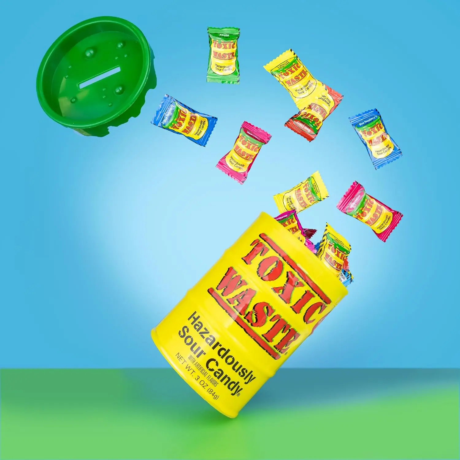 TOXIC WASTE - Hazardously Sour Candy - Apple, Watermelon, Lemon, Blue Raspberry, & Black Cherry Flavors - 3 oz. Yellow Bank - Stickers Included
