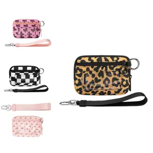 Women’s multifunctional compact card holder with dual zippers and multiple compartments; a waterproof nylon mini organizer that holds cards, coins, keys, earphones, and other small items. Includes a detachable wrist strap and a metal keychain for easy car