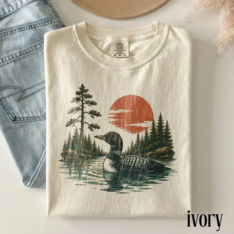 Comfort Colors Vintage Loon Lake Nature Shirt, Retro Wildlife Bird Graphic Tee, Classic Forest Lake Landscape Top, Outdoor Gift