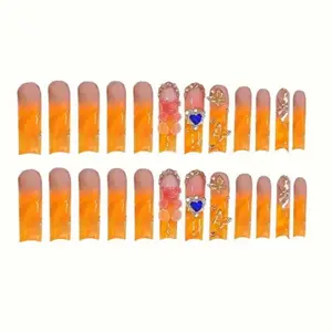 24pcs Set of Water Drop-Shaped Fake Nails in French Cute Soft Candy Texture with Sapphire Metal, Bear, Heart, and Butterfly, Glossy Finish