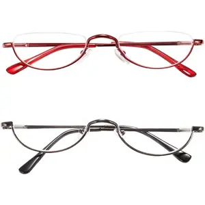 2 Pack Retro Designer Half Moon Reading Glasses Women Men Spring Hinge Half Frame Readers Stylish Slim Eyeglasses with Pouch,Red and Gun Grey 2.0