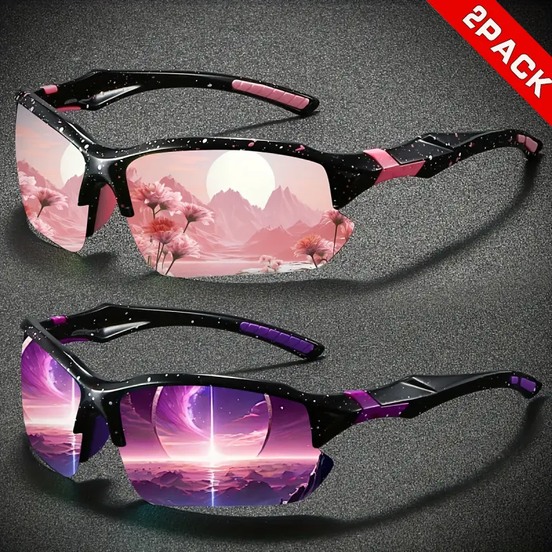 2-pack semi-rim sports polarized sunglasses for men and women, black/pink and black/purple color-blocked frames, iridescent coated lenses, suitable for outdoor cycling, driving, and fishing, UV400 sun protection shades