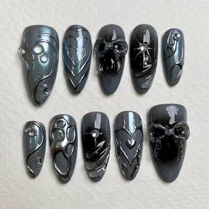 Handmade Dark Heart Custom Press On Nails, Silver Chrome Fake Nails Ribbons Heart