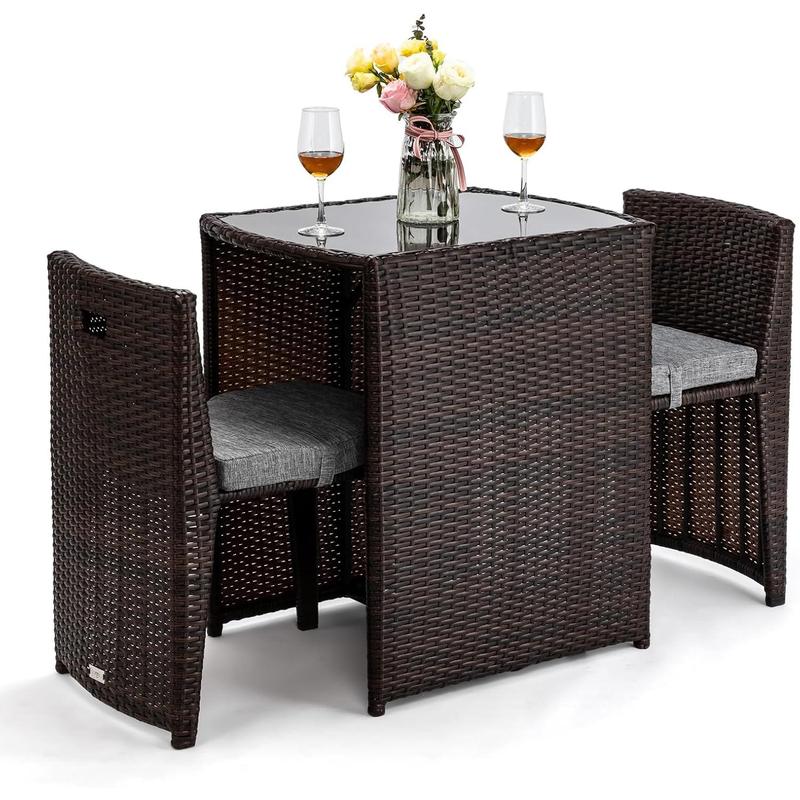 Bonnlo 3 PCS Wicker Outdoor Patio Bistro Set, Patio Furniture Set for Small Space with Glass Top Table Dining Chairs, Balcony Furniture Patio Table and Chairs Set of 2 for Garden Yard Porch (Brown)