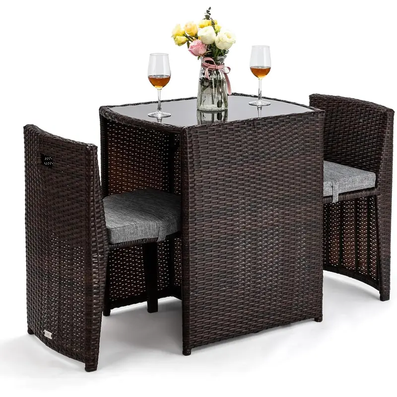 Bonnlo 3 PCS Wicker Outdoor Patio Bistro Set, Patio Furniture Set for Small Space with Glass Top Table Dining Chairs, Balcony Furniture Patio Table and Chairs Set of 2 for Garden Yard Porch (Brown)