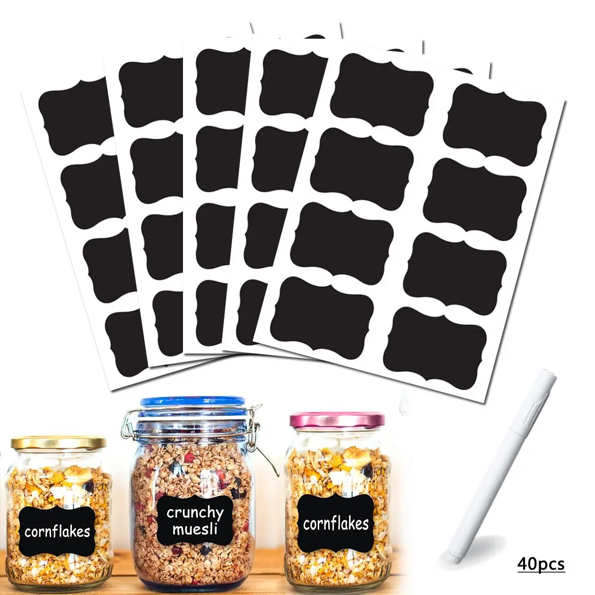 40pcs Removable Chalk Label Sticker & Whiteboard Marker Set, Writable Whiteboard Sticker, Reusable Label Sticker For Home School Office