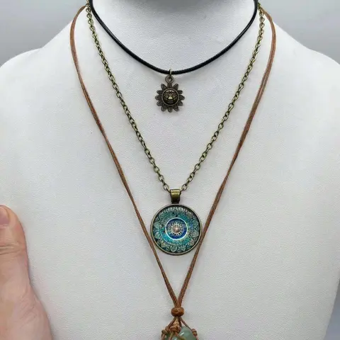Vintage Stone Charm Necklaces Set, Charms Necklace 3pcs Jewelry Accessories for Halloween Christmas Party Gifts, Design for Women & Girls, Trendy Jewellery Accessories, Fashion Accessory Necklace, Boho Style Jewelry, Necklace Stack