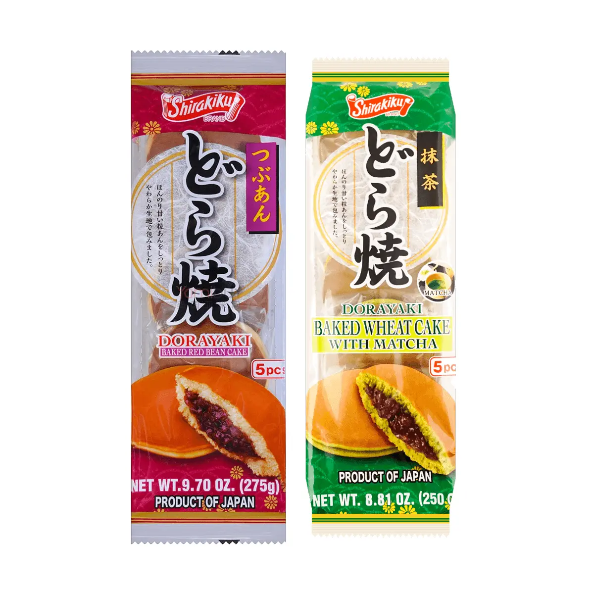SHIRAKIKU Japanese Snack Cake 2-Pack Combo (Red Bean, Matcha Red Bean Flavors, 525g) - Authentic Low Sodium Japanese Snacks for Breakfast, Room Temp Storage Friendly, Low Sodium Snacks, Two Pack