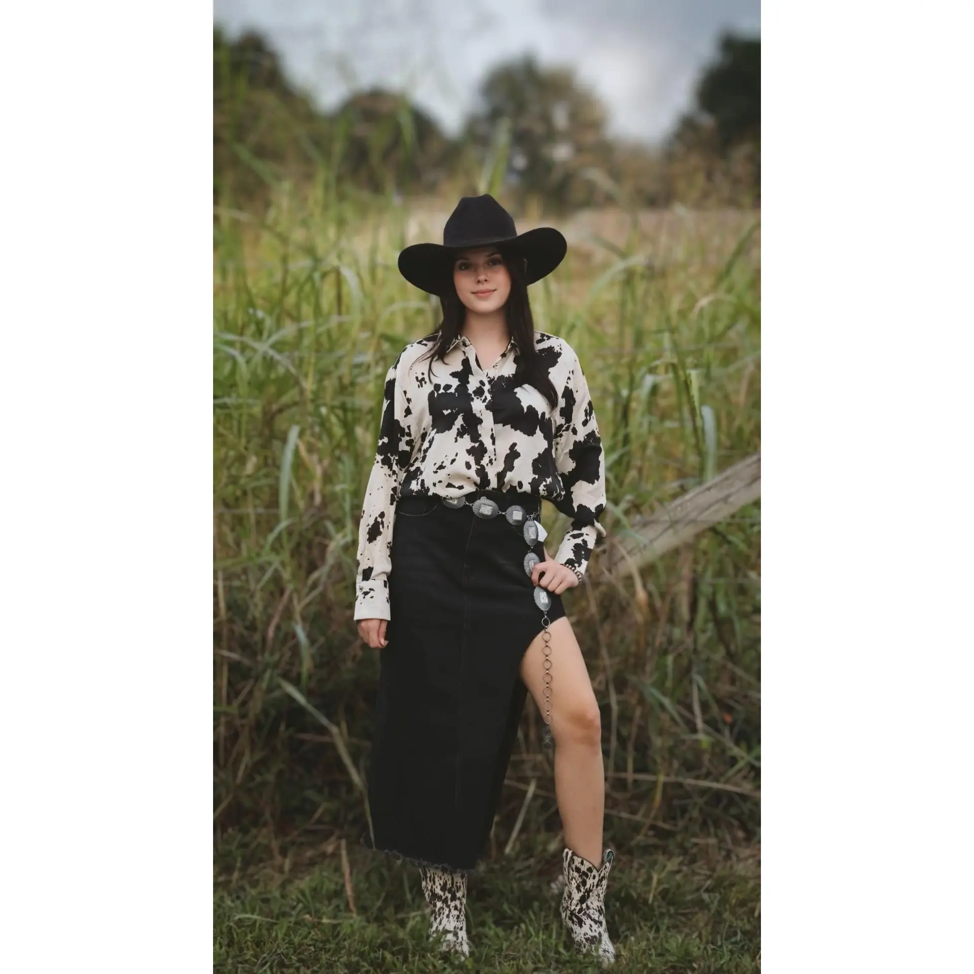 Women's Western Cow Print Blouse - Silky Long Sleeve Button-Down Shirt with Collared Neck and Flattering Twist Front, Shirts, Tops, Casual