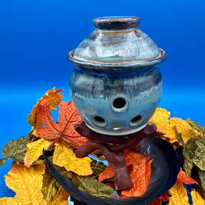 Handcrafted Ceramic Garlic Keeper Wheel Thrown Clay Pot with Air Vents & Lid Blue Glazed Storage Container