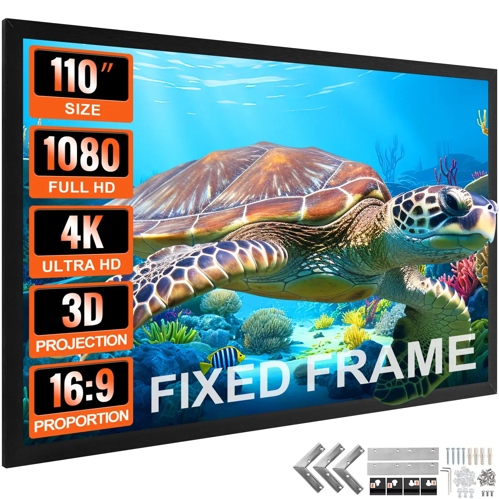 VEVOR Alloy Frame Projector Screen, 110" Diagonal 16:9 HD, Durable, Wall Mount Compatible, Tension Rods Included, for Living Room, Pub Business CRT Projector Setup, Black Velvet