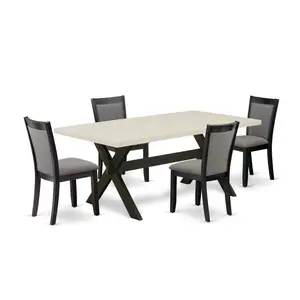 East West Furniture 5 Pc Dinner Table Set - Linen White Top Mid Century Dining Table with Trestle Base and 4 Dark Gotham Grey Linen Fabric Modern Dining Chairs - Wire Brushed Black Finish