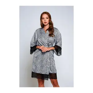 iCollection Leopard Print Satin Robe with Lacerim