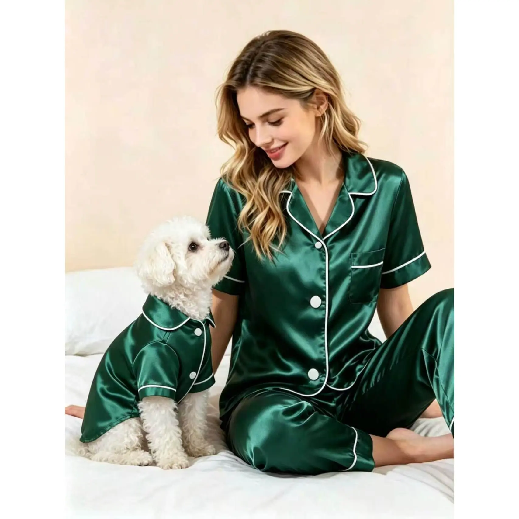 Green Satin Pajamas for Women and Dogs Matching Set Comfortable Sleepwear with White Trim and Buttons