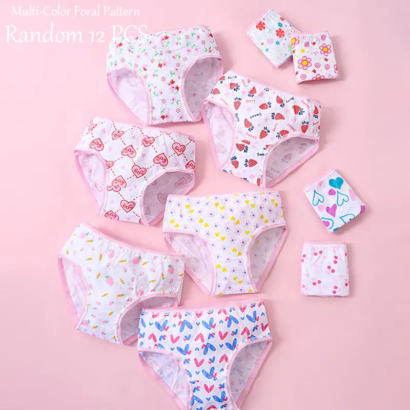 Child Sized Girls' Pre-Puberty Floral 12-Piece Underwear Set - Breathable Girls' Panties, Multi-Colors, Random Assortment, Child Sized Girls' Panties