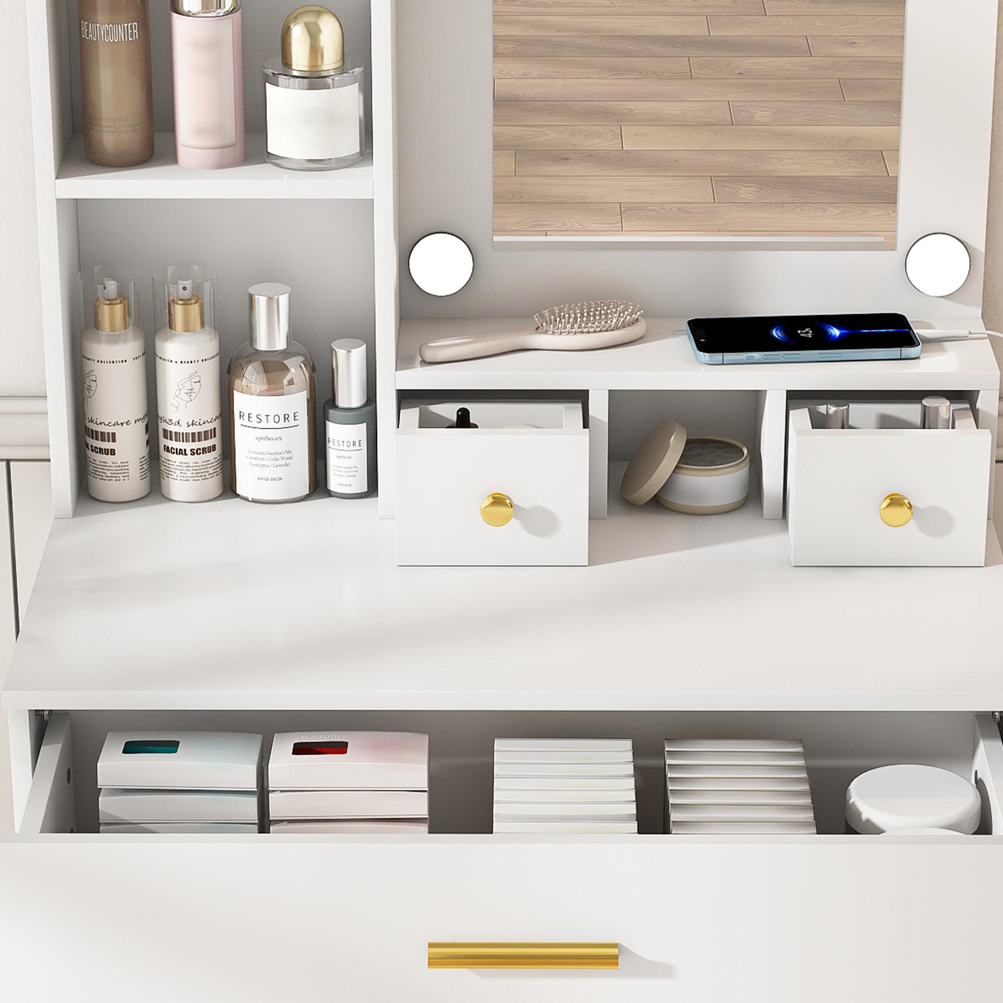 Makeup Vanity Desk with Adjustable LED Mirror, Built-in LED Lighting, Power Outlet, Hairdryer Holder & Stool, Compact Indoor Furniture for Small Bedrooms (Fixes Poor Lighting & Tangled Cords), Adjustable Led Vanity Mirror Makeup Vanities