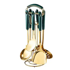 Generic Stainless Steel Kitchen Utensil Set, Spoon, Spatula, Pasta Server, Small Spatula (Green & Gold)
