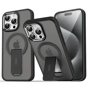 For iPhone 16 15 14 13 12 Pro Max Plus Luxury Magsafe Folding Stand Magnetic Phone Case Matte Translucent Back Cover
