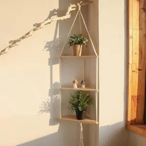 Three-Tier Corner Floating Wall Shelf — White Woven Three-Tier Corner Shelf Plant Wall Decor Bohemian-Style Rustic Wooden Storage Shelf Suitable for Displaying Flower Pots in Bedrooms and Living Rooms