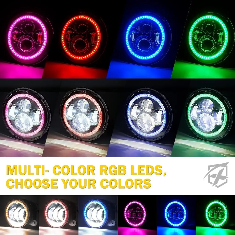 7 inch LED Headlight Round Headlight with High/Low Beam and DRL Colorful Angle Eye Light for Cars Motorcycles
