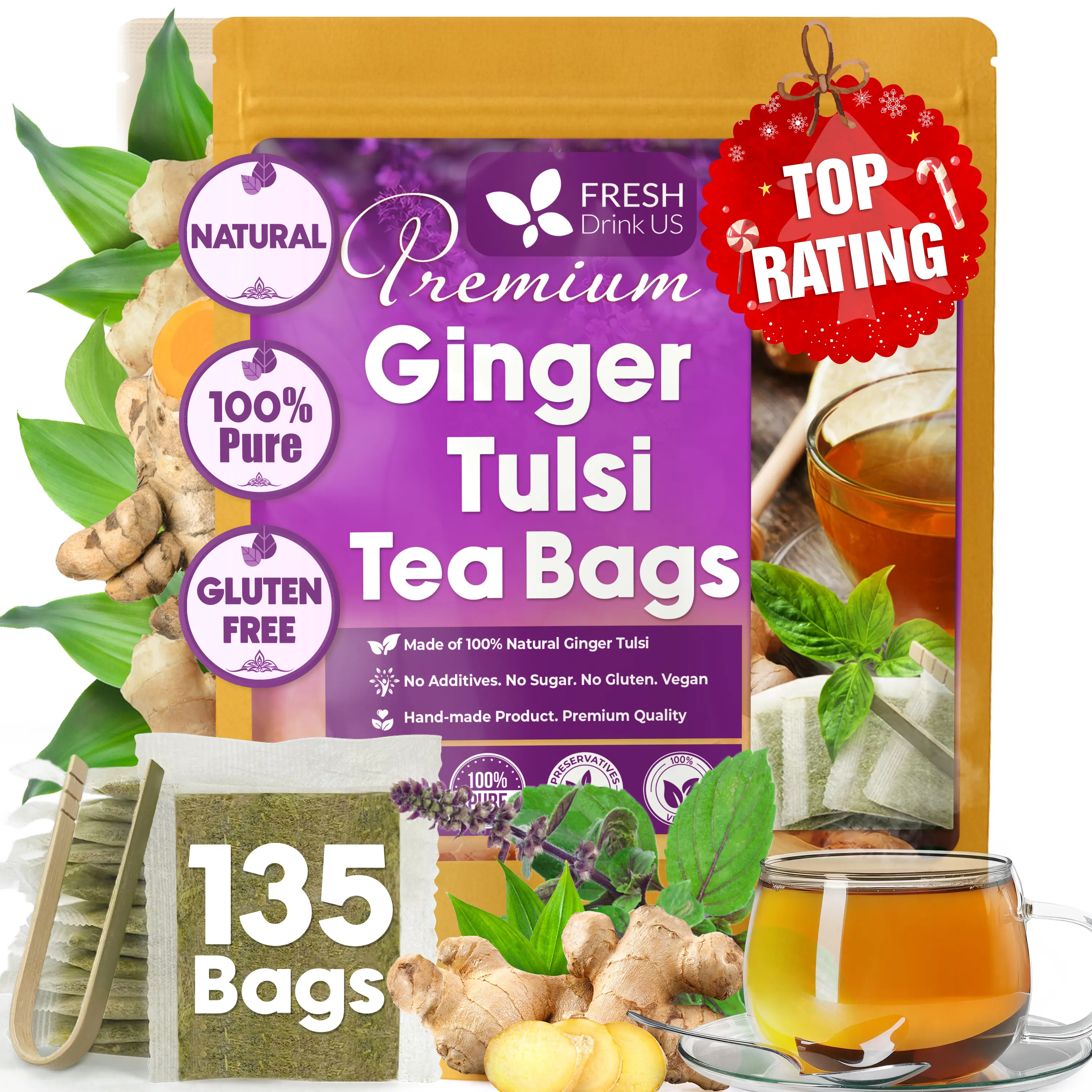 FreshDrinkUS, Premium 135 Ginger Tulsi Tea Bags, 100% Natural, Hand-made Blend of Ginger and Tulsi Holy Basil Leaves, Eco-conscious Tea Bags. Ginger Tulsi Herbal Tea. No Sugar, No Caffeine, Vegan.