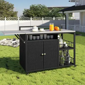 [SOIYELIFE] 63.5" Dark Brown Outdoor Kitchen Island - Foldable BBQ Cart with Stainless Steel Top, Bottle Opener & Lockable Wheels for Patio & Backyard