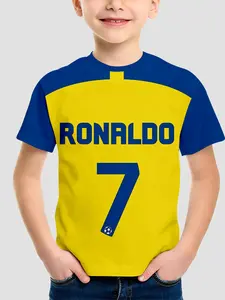 Boys' Fashion 3D Print Short Sleeve T-Shirt, Summer Football Training Fan Tee, Casual Fitted Cartoon Design, Daily Wear & Outdoor Activities