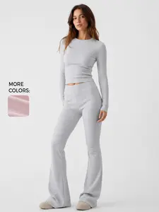 U2SKIIN women’s solid-color long-sleeve cropped T-shirt and flared leggings loungewear set, casual crew-neck top and flared leggings, women’s pajamas, pajama sets