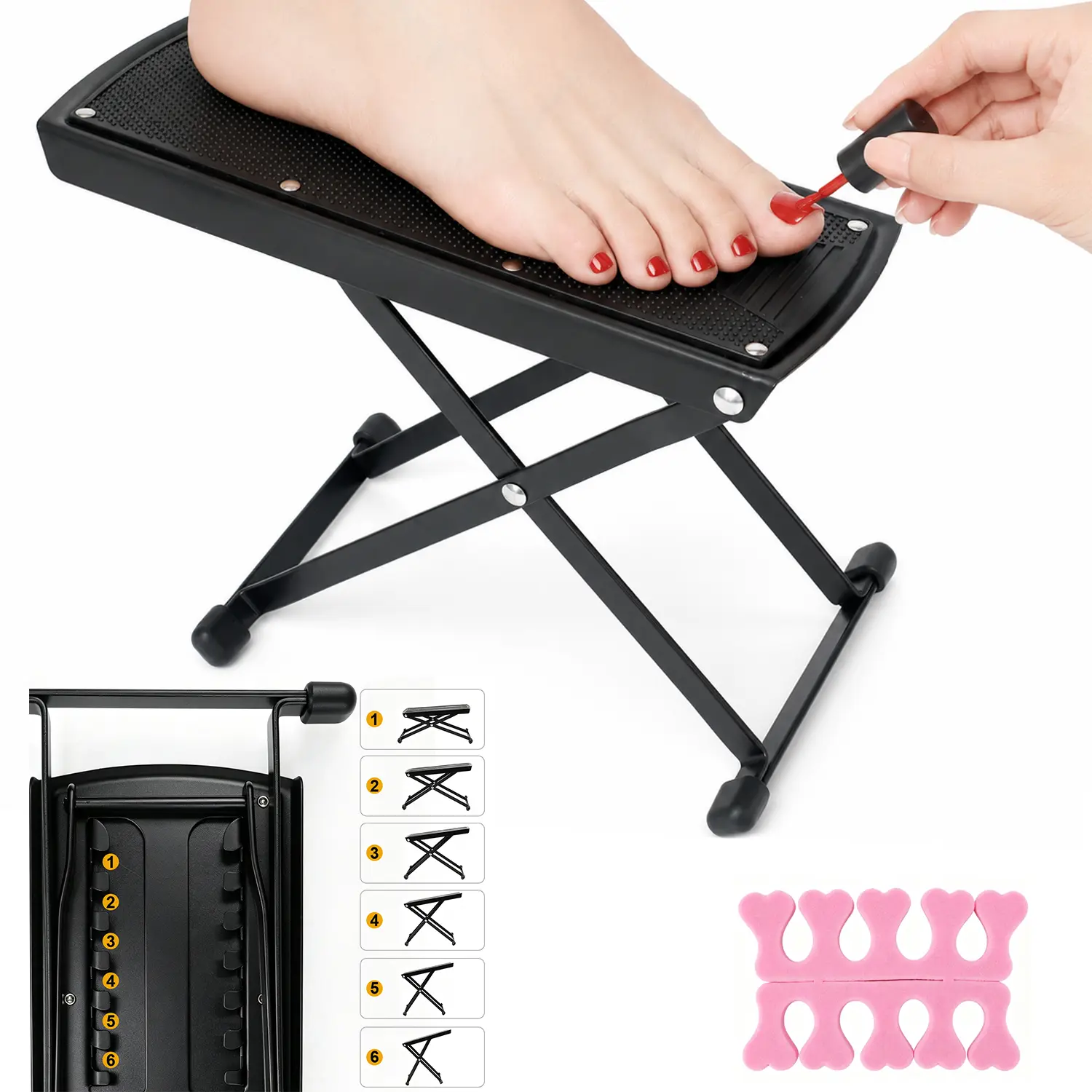 Adjustable Folding Foot Rest Stool, 6‑Position Height Metal Foot Stand, Anti‑Slip Foldable Footrest For Guitar Playing, Home Pedicure And Under‑Desk Leg Rest